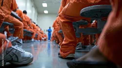 Rows of people in orange jumpsuits sit in chairs inside a long, sterile room