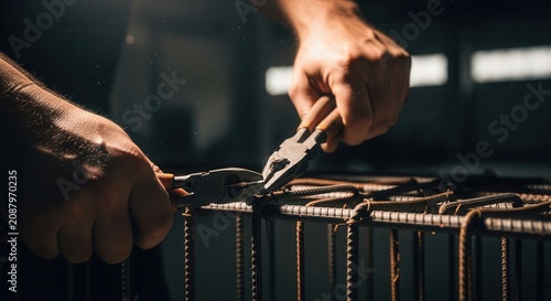 Skilled Hands Crafting Reinforcement Bars With Pliers For Construction Projects