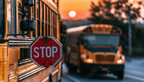 Yellow school bus with stop sign in foreground at sunset