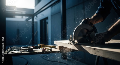 Skilled Hands Crafting Wood With A Circular Saw Powertools In Hand
