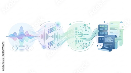 Abstract representation of sound waves, data flow, and digital processes in a modern design