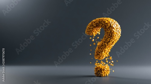 A golden question mark formed from tiny spheres against a dark background