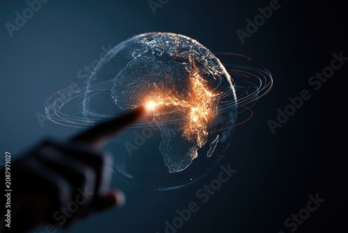 Illuminated digital globe with orbiting rings touched by a finger