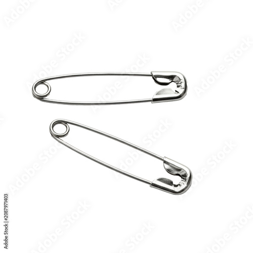 Photorealistic macro still life of two pristine, highly polished chrome safety pins, open and closed, side-by-side on a transparent background, dramatic high-key lighting concept of function and