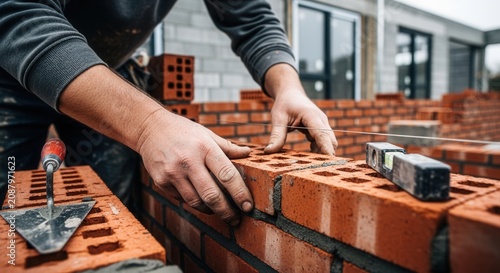 Skilled Hands Laying Bricks Building Structure On Construction Site