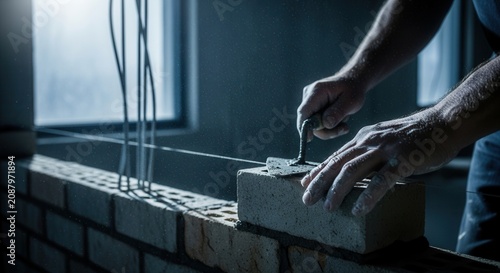 Skilled Hands Laying Bricks Precise Construction Work in Progress