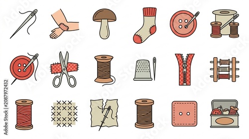 Collection of sewing-related illustrations including tools, materials and crafting elements