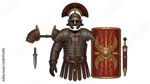 Fotografie Roman soldier armor set vector illustration, ancient military equipment with helmet, shield, and sword isolated on white background