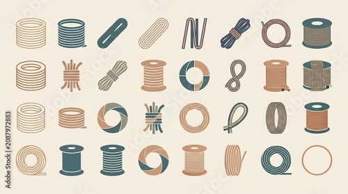 Collection of various sewing thread spools and patterns in warm neutral colors against a soft background