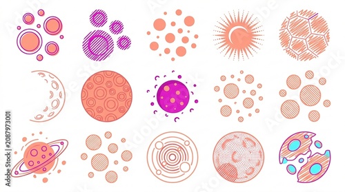 Colorful abstract celestial shapes, including stars, moons, and planets, on a white background