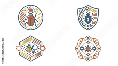 Illustrations of colorful beetle emblems featuring intricate designs and geometric shapes