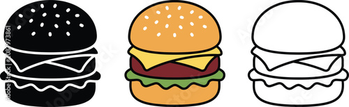 Quadro su tela Modern Minimalist Diner Burger Graphics, Flat American Culinary Clip Art Stamps, Cheeseburger Vector Icon Set, Fast Food Restaurant Menu Silhouette and Outline Collection