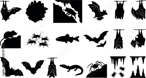 Bild auf Leinwand Cave wildlife silhouettes collection subterranean animals bats and insects black