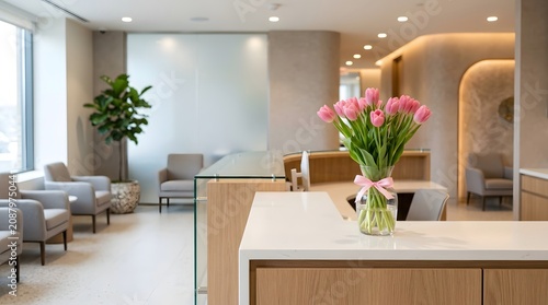 Modern medical office reception area with a vase of pink tulips on the front desk and comfortable seating in the waiting room