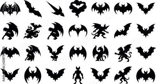 Canvastavla Gothic gargoyle and bat silhouettes collection mythical fantasy creatures and Ha