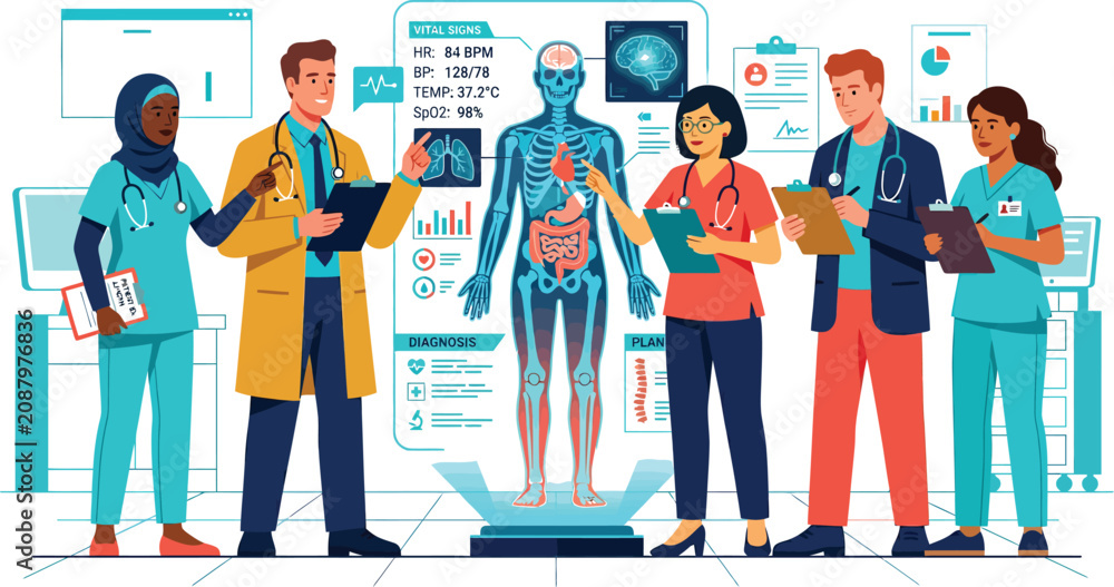Obraz premium Medical professionals analyzing human body diagram in hospital room with vital signs displayed