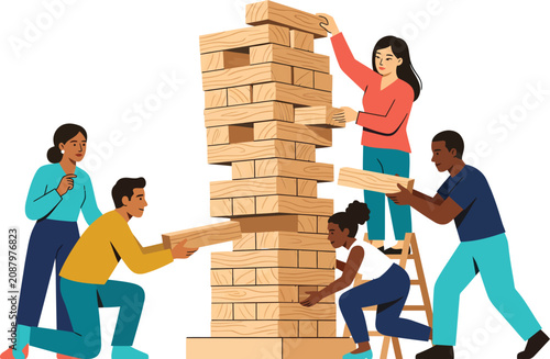 People playing giant jenga game together with wooden blocks  teamwork and fun