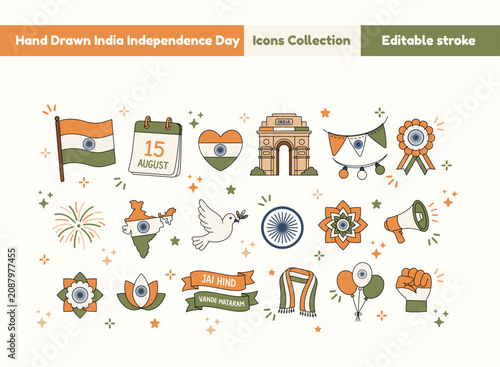 Hand Drawn India Independence Day    Icons Collection