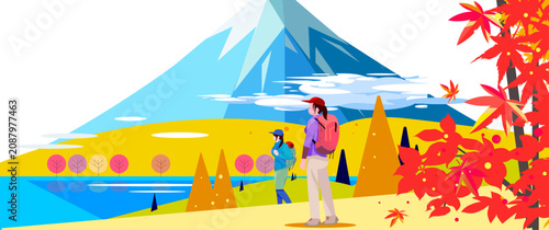 富士山と紅葉の美しい湖畔をトレッキングする2人の女性のベクターイラスト