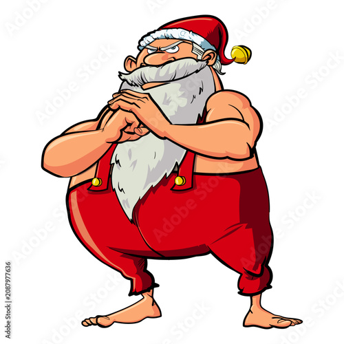 Grumpy Muscular Santa Claus Cartoon Character With Red Suit And White Beard Standing Angry