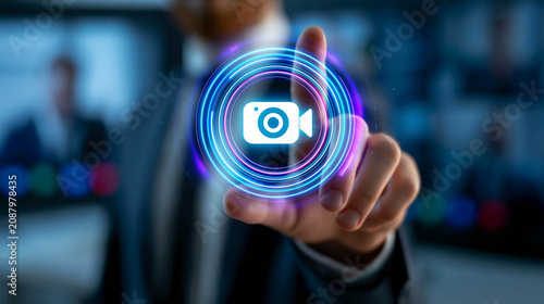 A man in a business suit presses a neon holographic camera icon in the form of a glowing circle, a concept of video communication, online conferences, and streaming.
