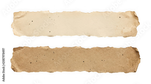Two old torn paper strips with grunge texture, isolated on transparent background