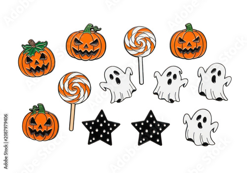 Halloween pumpkin ghost and candy enamel pins isolated on transparent background png