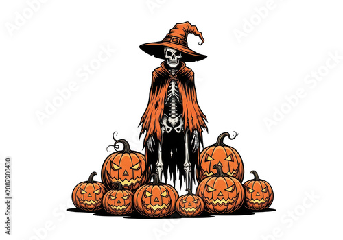 Spooky skeleton witch with jack o lanterns isolated on transparent background png