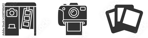 Photos photography icons set including photo booth, instant camera with photo print, an