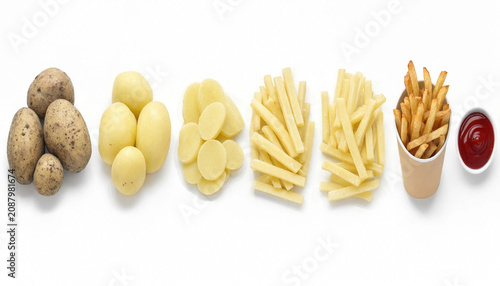 Raw potatoes evolving into french fries and chips with ketchup dip