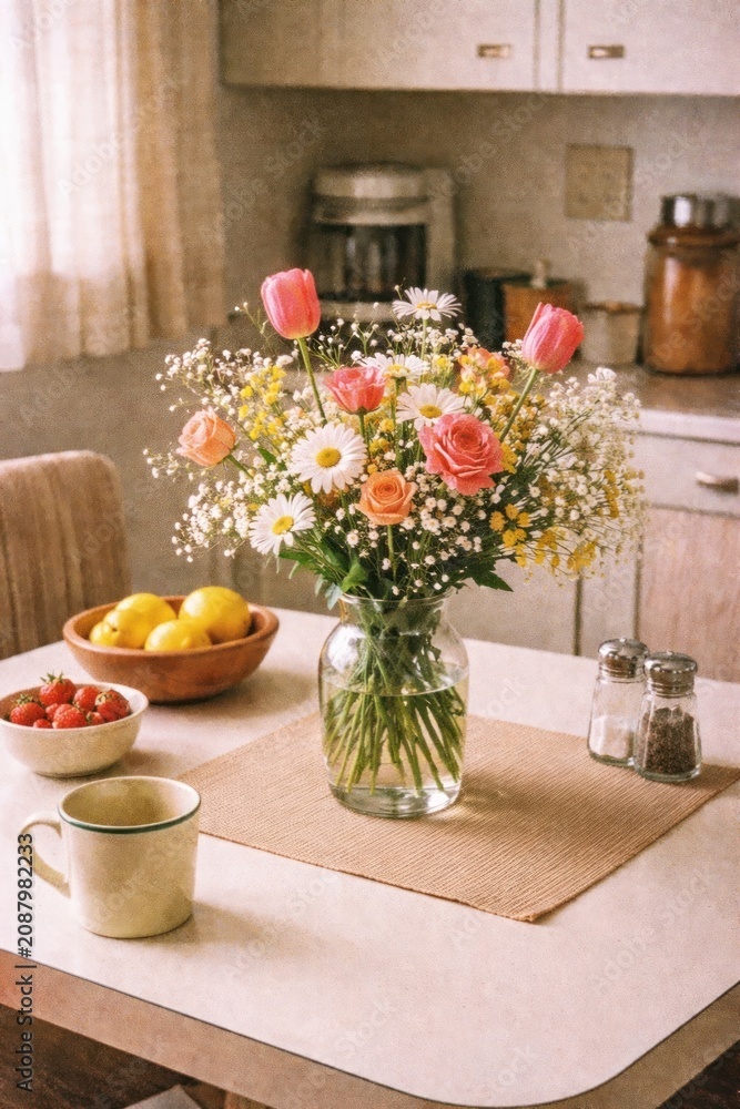 Fototapeta premium Charming floral arrangement in kitchen.