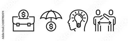 Obraz na płótnie Career insurance and business idea icon set, briefcase symbol, mindset development and negotiation agreement symbols, financial protection pictograms for consulting vector illustration