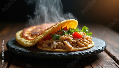 Steaming hot arepa stuffed with shredded chicken and vegetables rests on a dark stone plate. Fresh cilantro and red tomato bits garnish the savory meal.