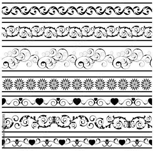 Collection of decorative black floral and heart borders on white background, pattern