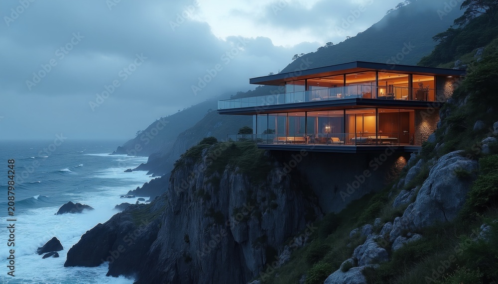 Fototapeta premium Modern luxury house stands on steep rocky cliff edge above ocean. Glass walls illuminate evening terrace balcony overlooking sea waves. Contemporary architectural residence features minimalist design