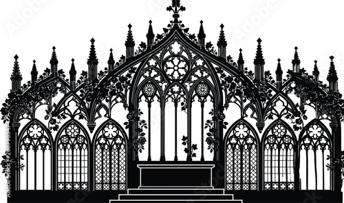Gothic cathedral silhouette against a white background intricate architectural detail