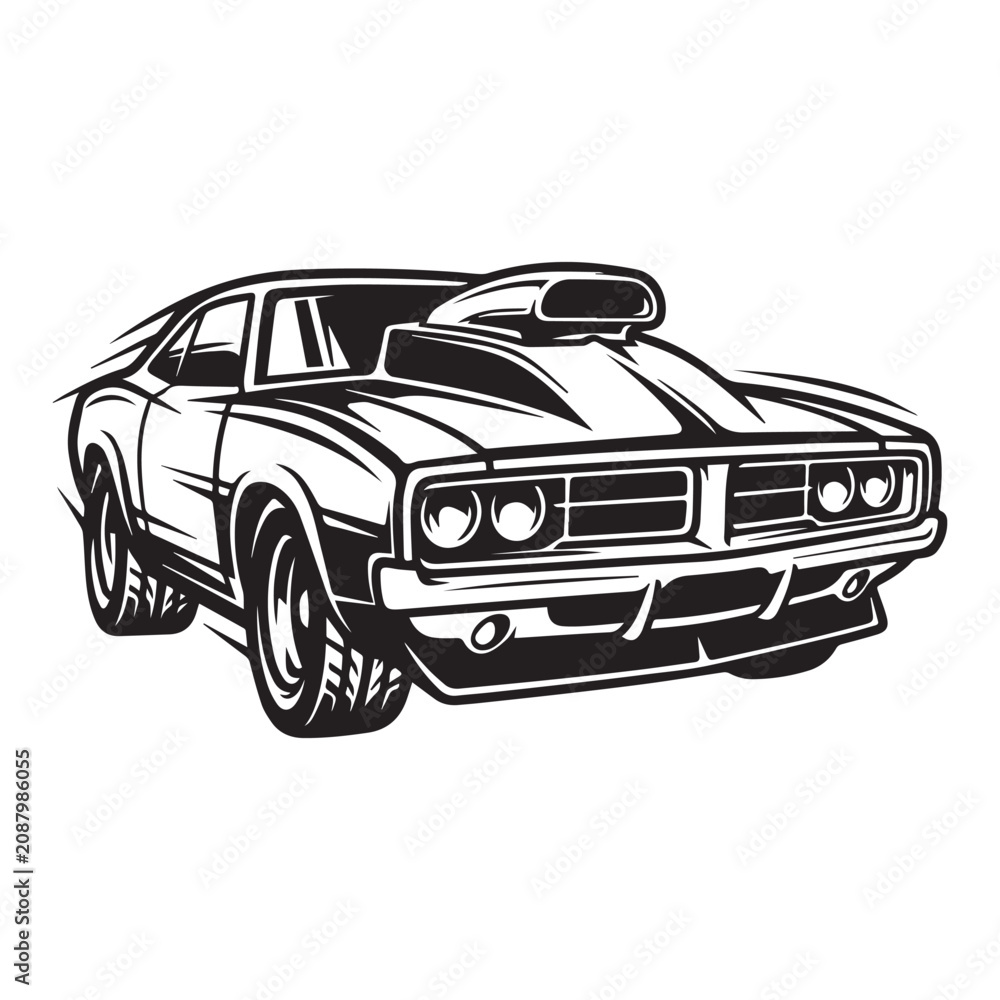 Naklejka premium Vintage muscle car monochrome illustration with aggressive design.