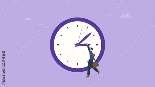 Obraz na plátně Frustrated businessman holding clock hour hands while minute hand having saw passing to appointment time