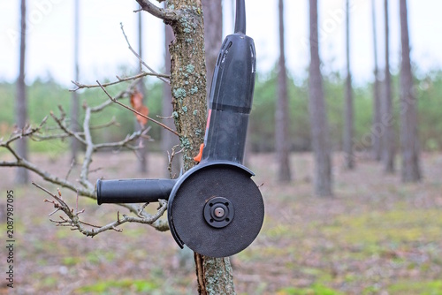 One black electric grinder with a grinding wheel hangs on a tree branch outdoors on a summer day