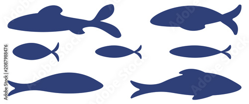 Flat vector clip art set of various fish silhouettes in dark blue. Minimalist marine life collection isolated on a white background.