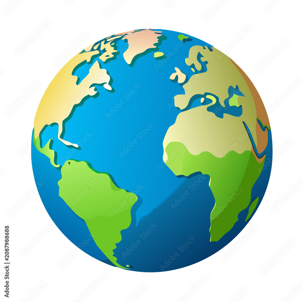Fototapeta premium A colorful cartoon illustration of planet Earth showing the Atlantic Ocean view with North and South America on the left, Europe and Africa on the right, featuring blue oceans and green-yellow landmas
