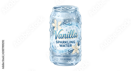 Summer cold vanilla sparkling water can with frost and droplets