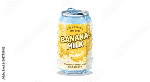 Summer refreshing banana milk can with condensation on white background
