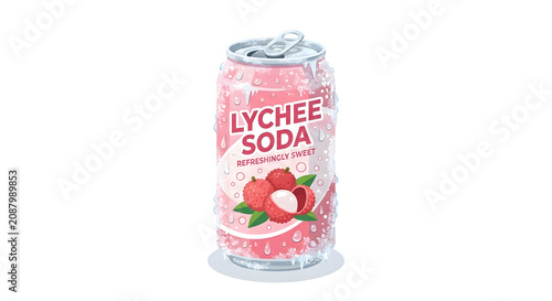 Summer refreshing lychee soda can with cold water droplets