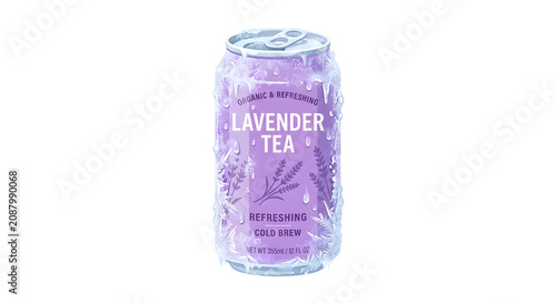 Summer refreshing lavender tea in a frozen purple aluminum can