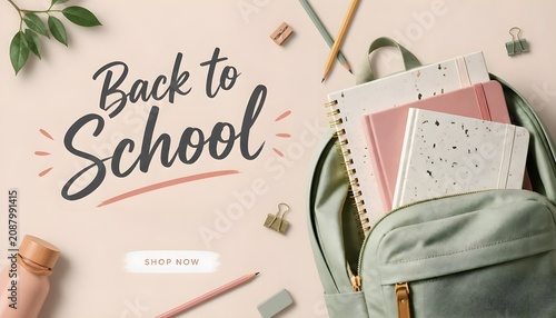 Back to School Aesthetic Banner with Pastel Green Backpack and Pink Notebooks