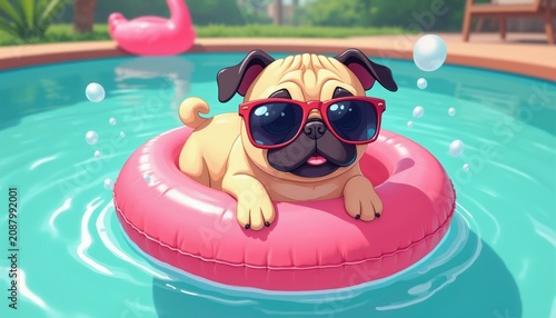 Cute cartoon pug wearing red sunglasses floats on pink ring in turquoise swimming pool water. Funny dog relaxes during hot summer day outdoors. Pet animal enjoys pool party fun with bubbles around