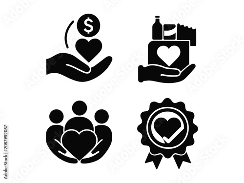 Black and white charity and donation icons with hearts and hands