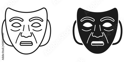 Obraz na płótnie Tragedy mask icon in outline and solid black against a white background represen