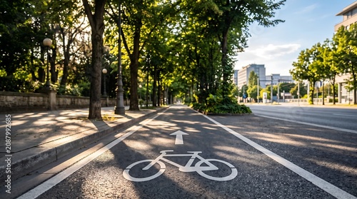 Empty asphalt bicycle lane on city street with green trees